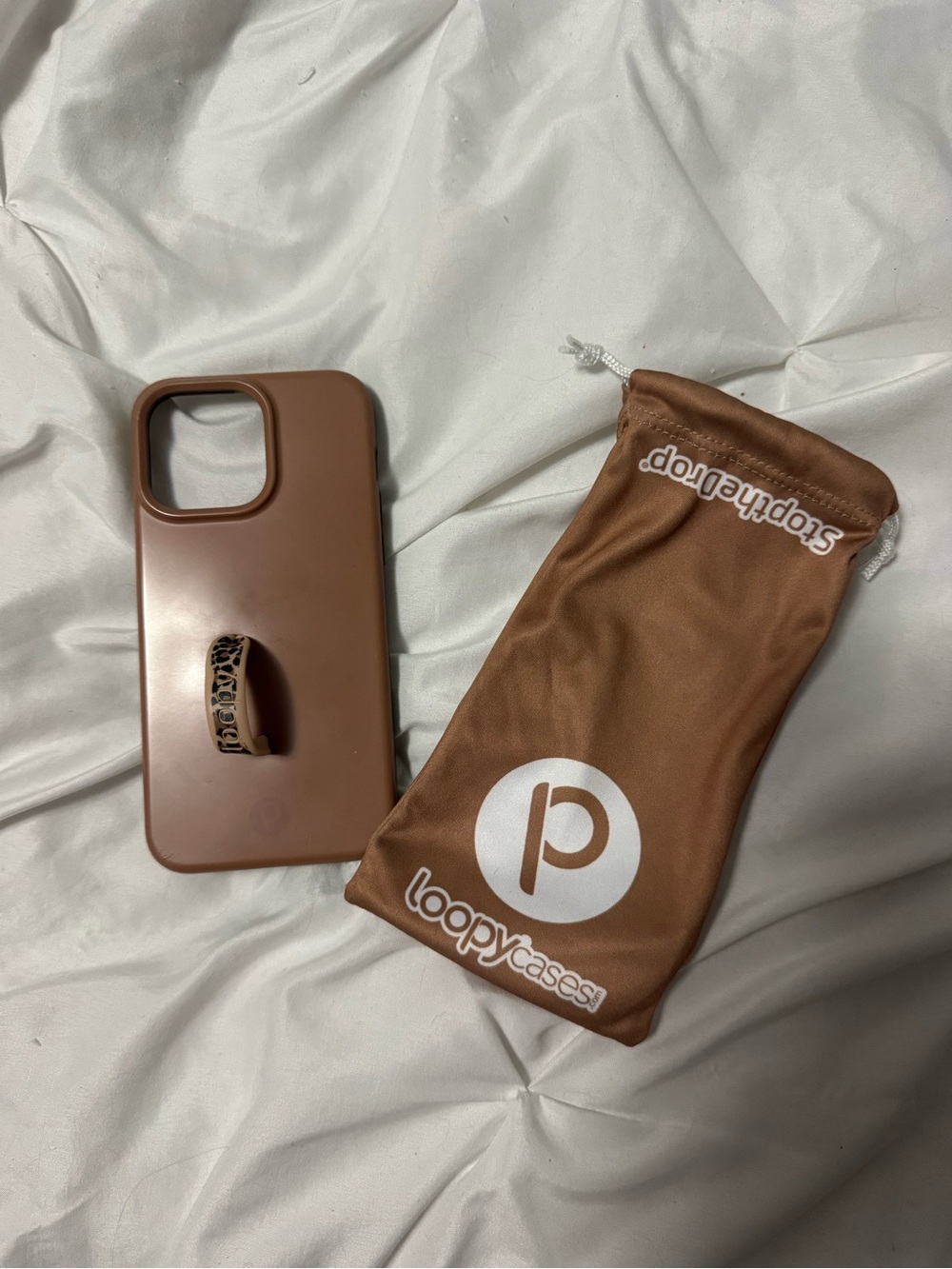 Loopy Case Brown iPhone Case with Printed Grip Loop and Matching Pouch